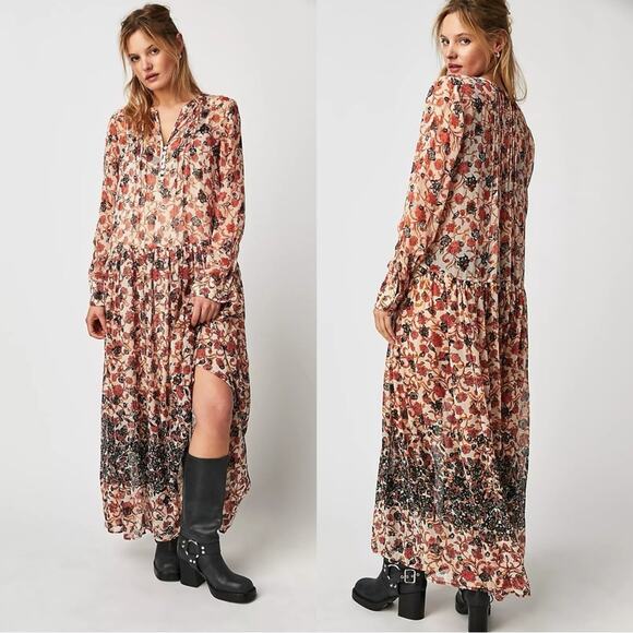 Free People See It Through Dress in Tea Combo Size Large Bohemian Boho Floral - Picture 4 of 16
